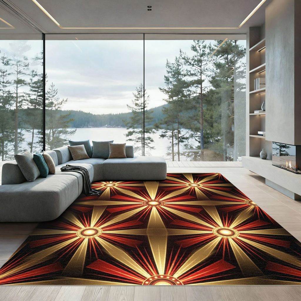 Radiant Gold And Crimson Starburst Rug