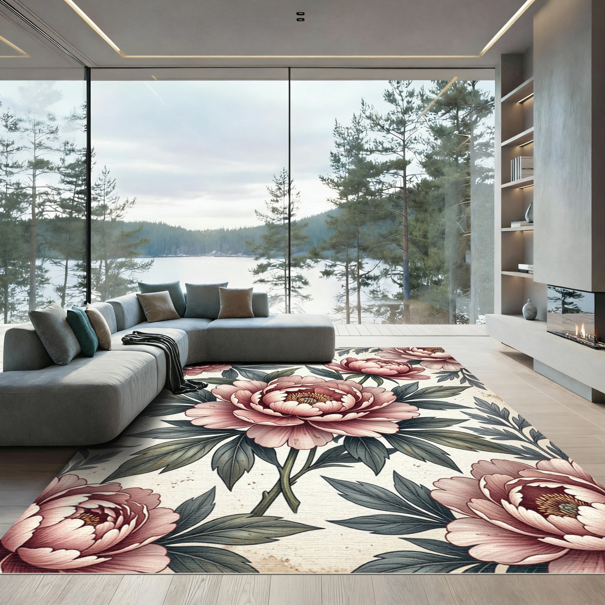 Blush Pink Peony Botanical Arrangement Rug