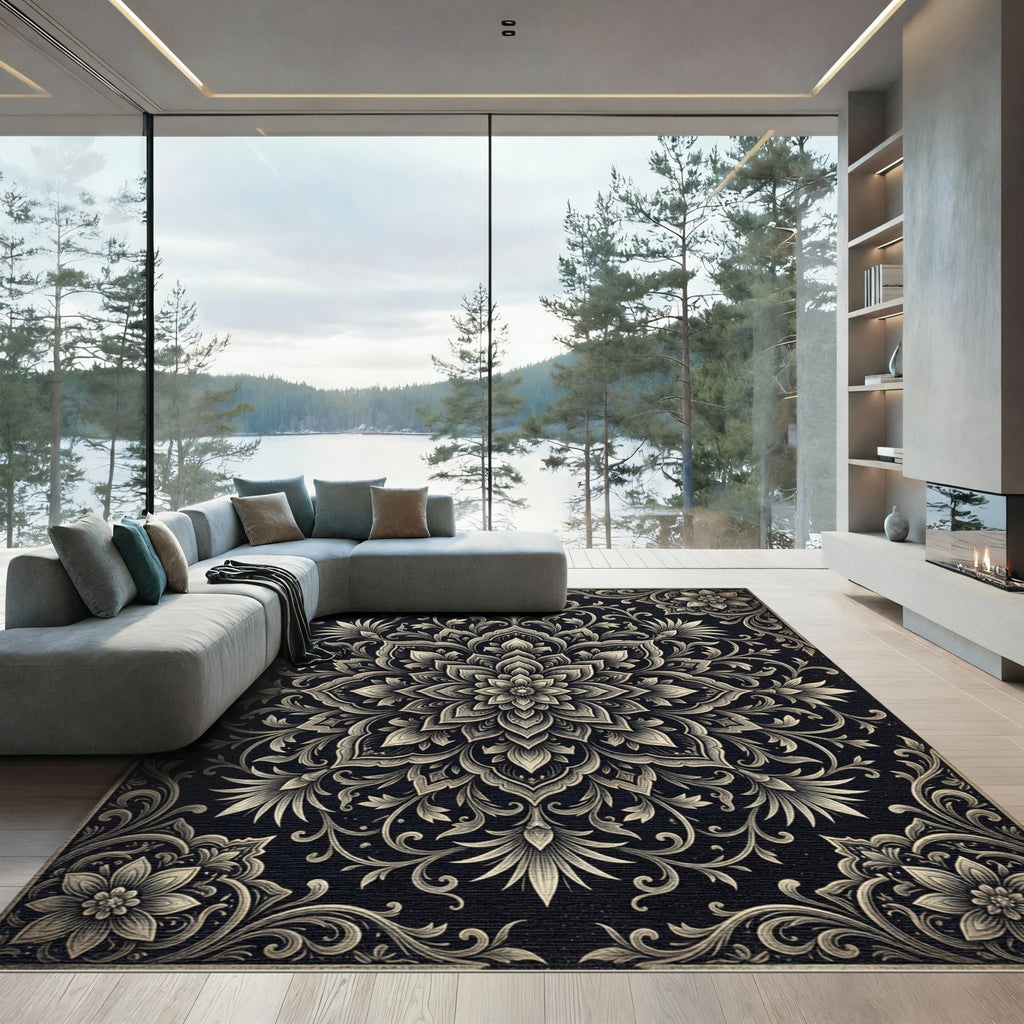 Elegant Charcoal Floral Ornate Medallion Rug