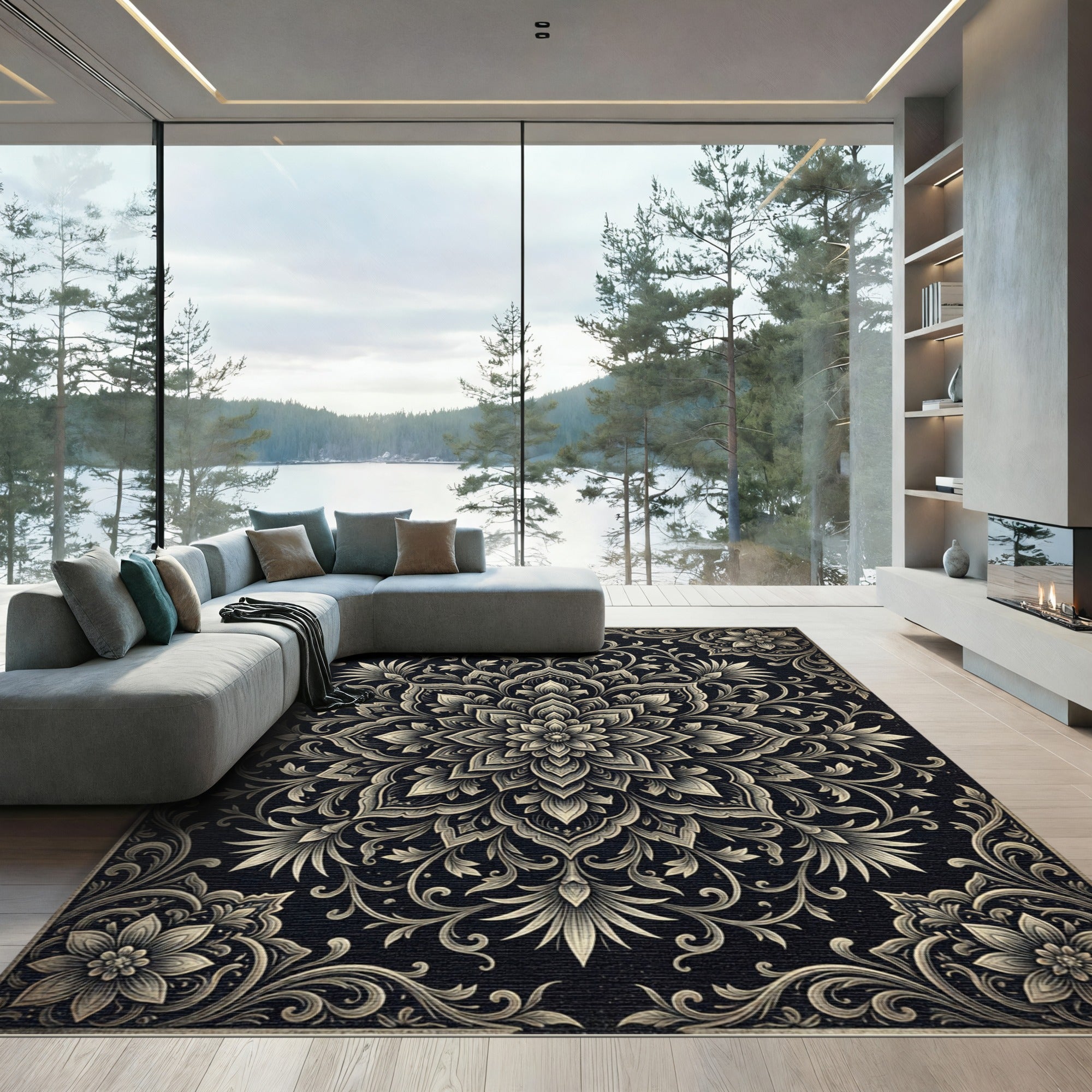 Elegant Charcoal Floral Ornate Medallion Rug