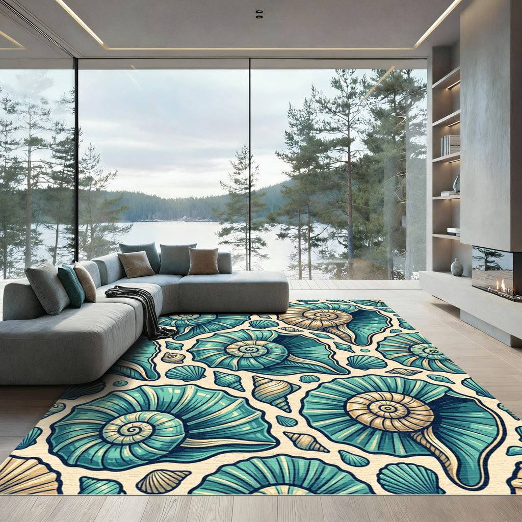 Teal and Gold Coastal Spiral Shells Rug