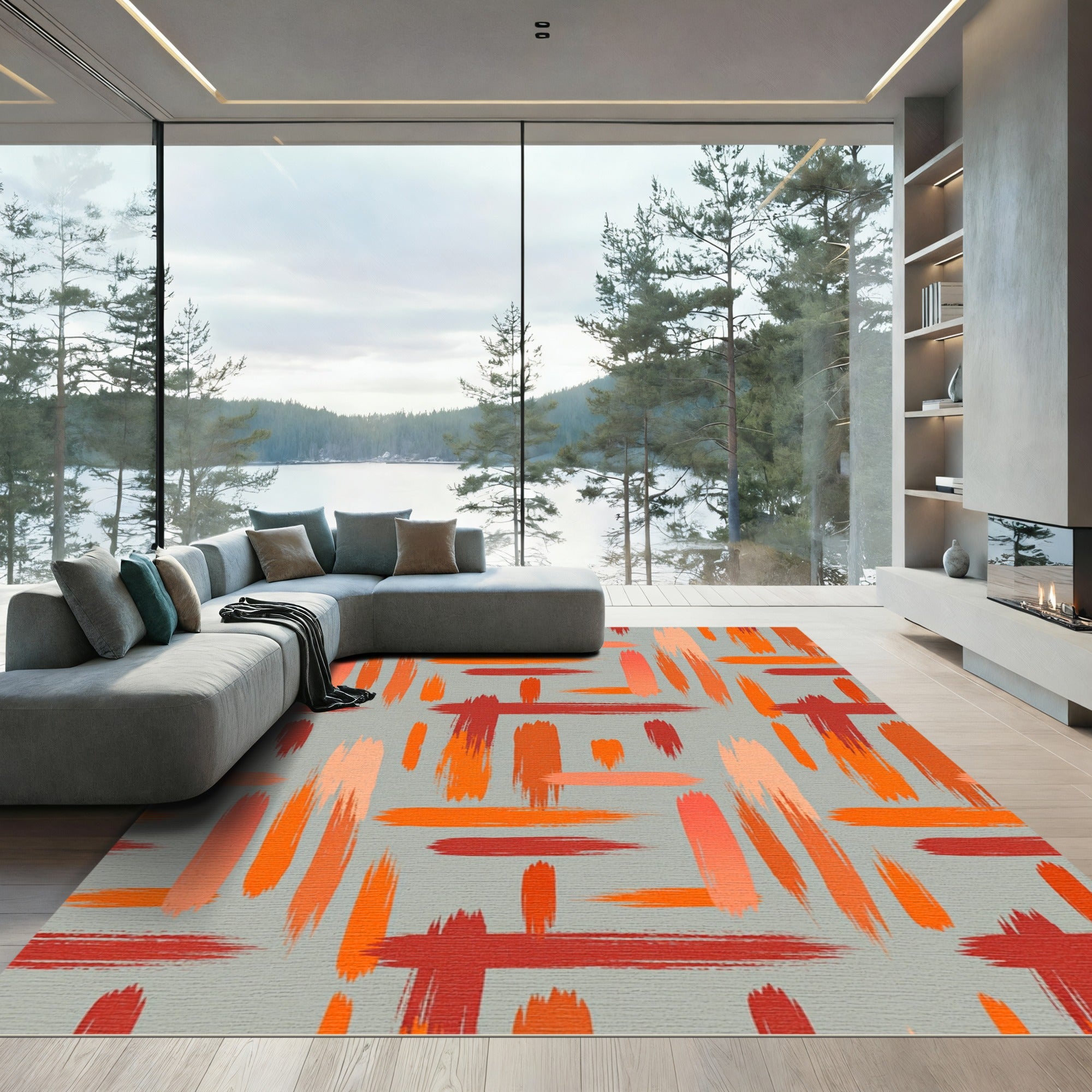 Vibrant Orange Red Abstract Brushstroke Rug