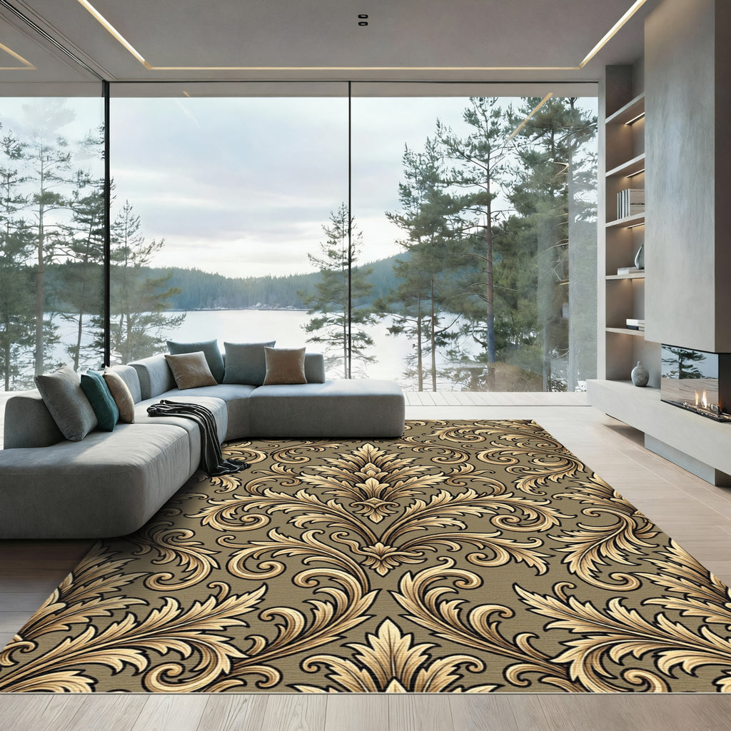 Golden Baroque Damask Foliage Scrollwork Rug