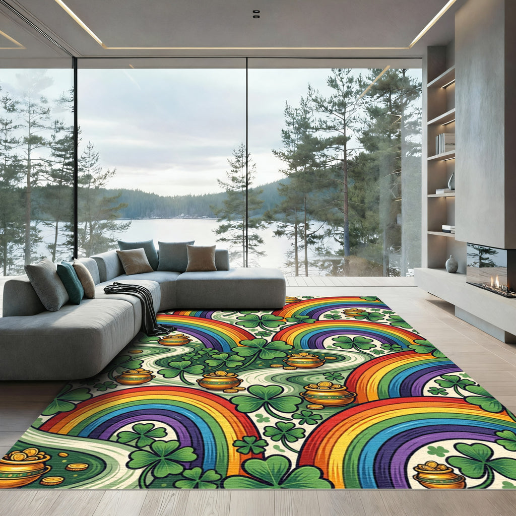 Vibrant Rainbow Clover Shamrock Gold Pot Rug
