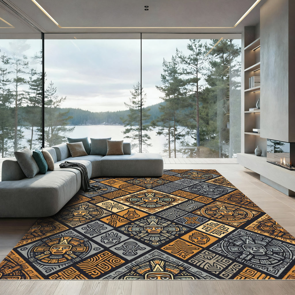Golden Earth Tone Jaguar Mask Tile Rug