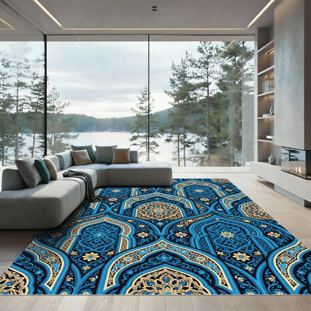 Golden Floral Arch Ornate Blue Tile Rug