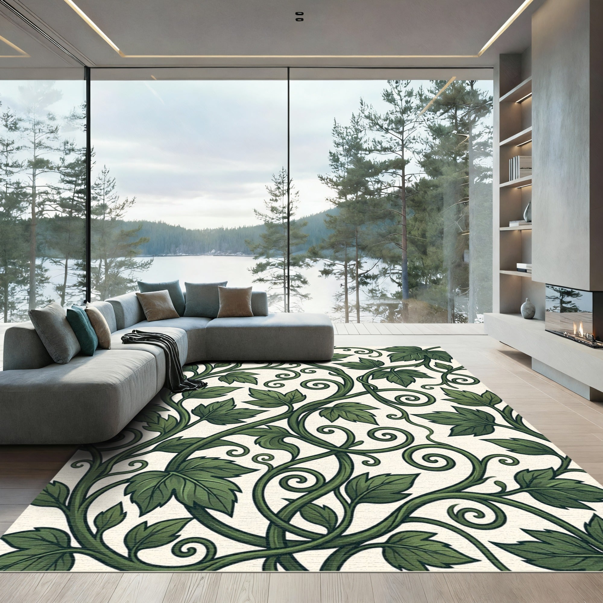 Lush Emerald Foliage Scrolling Vine Tapestry Rug
