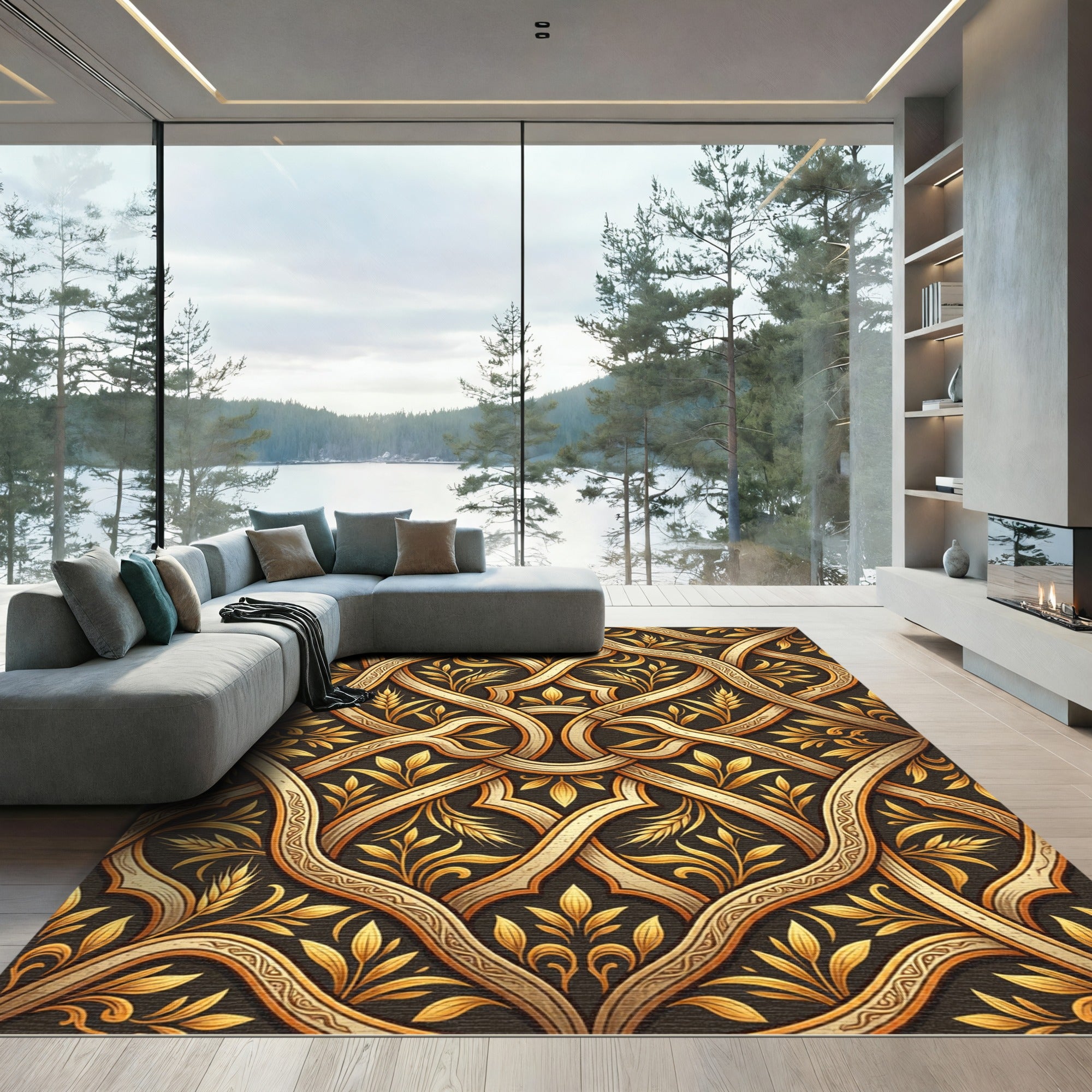 Golden Botanical Intertwined Filigree Scroll Rug