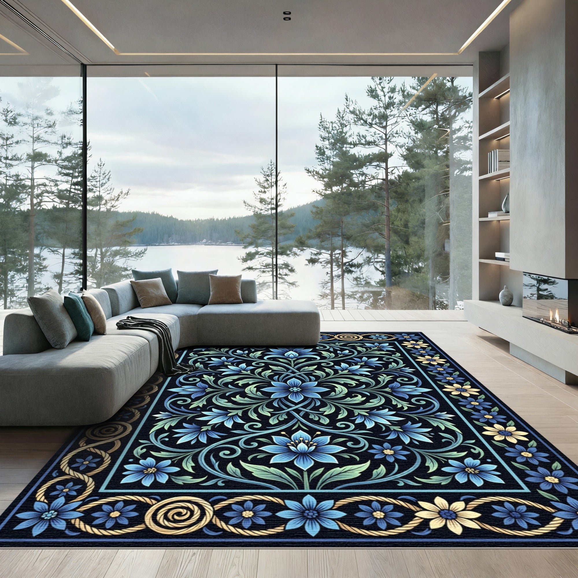 Blue Golden Floral Garland Border Rug