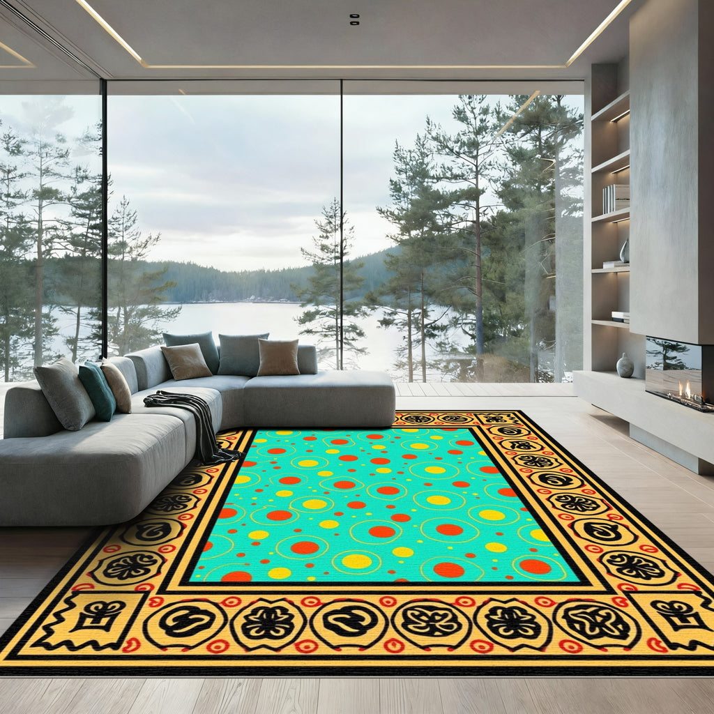 Aqua Red Yellow Polka Dot Border Rug