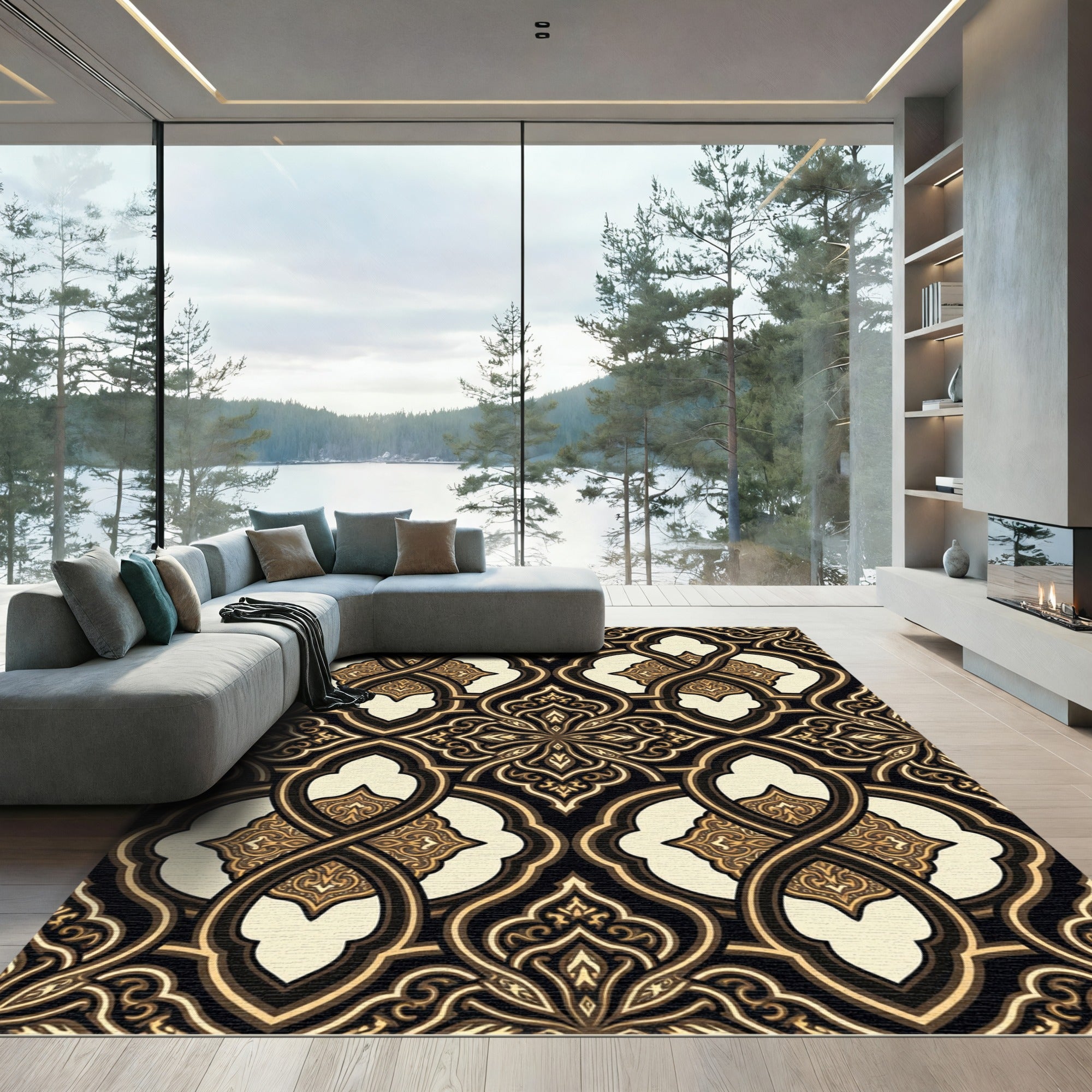 Gilded Onyx Damask Interlocking Scroll Rug