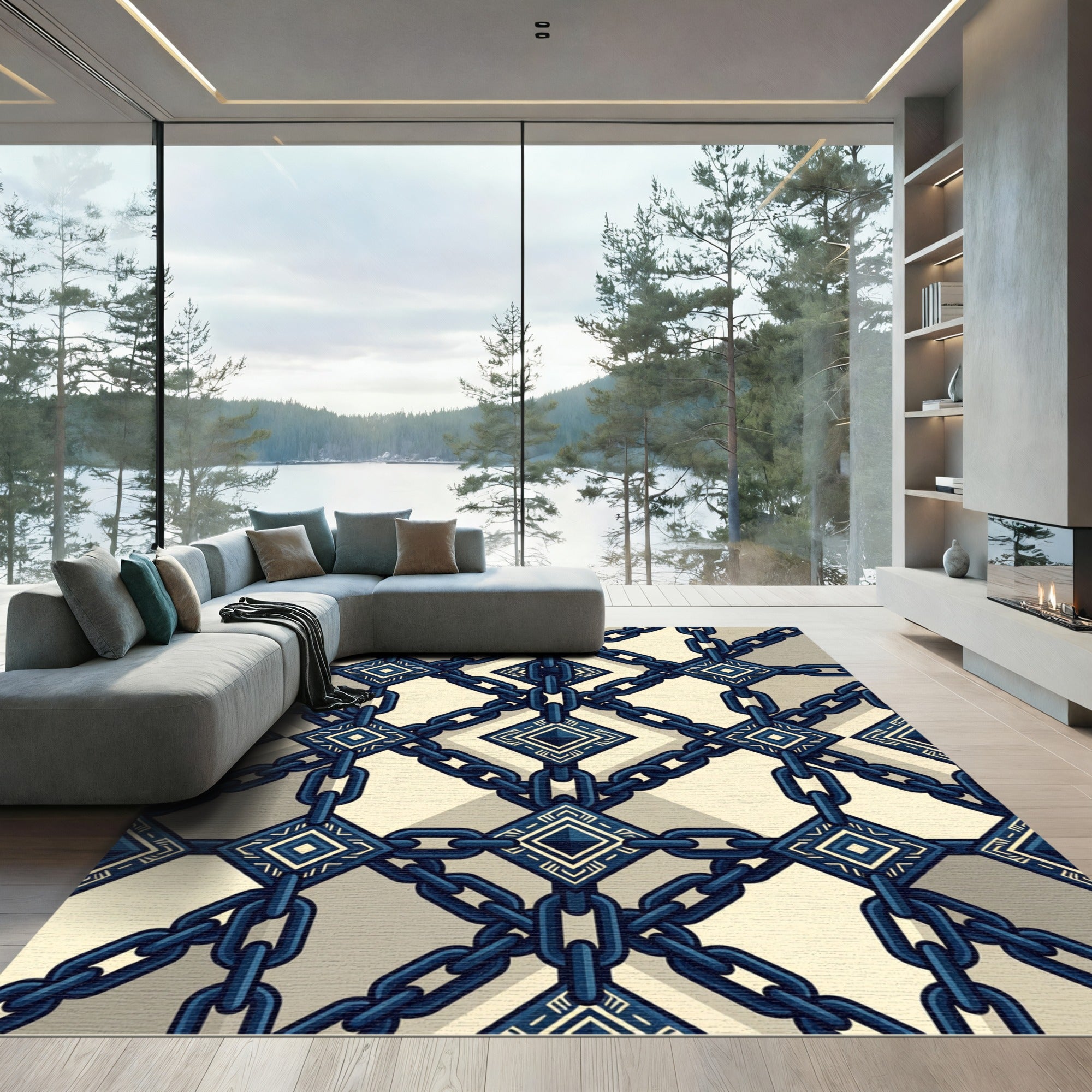 Geometric Navy Chain Interlocking Diamond Rug