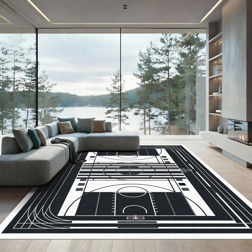 Modern Monochrome Basketball Court Graphic Rug