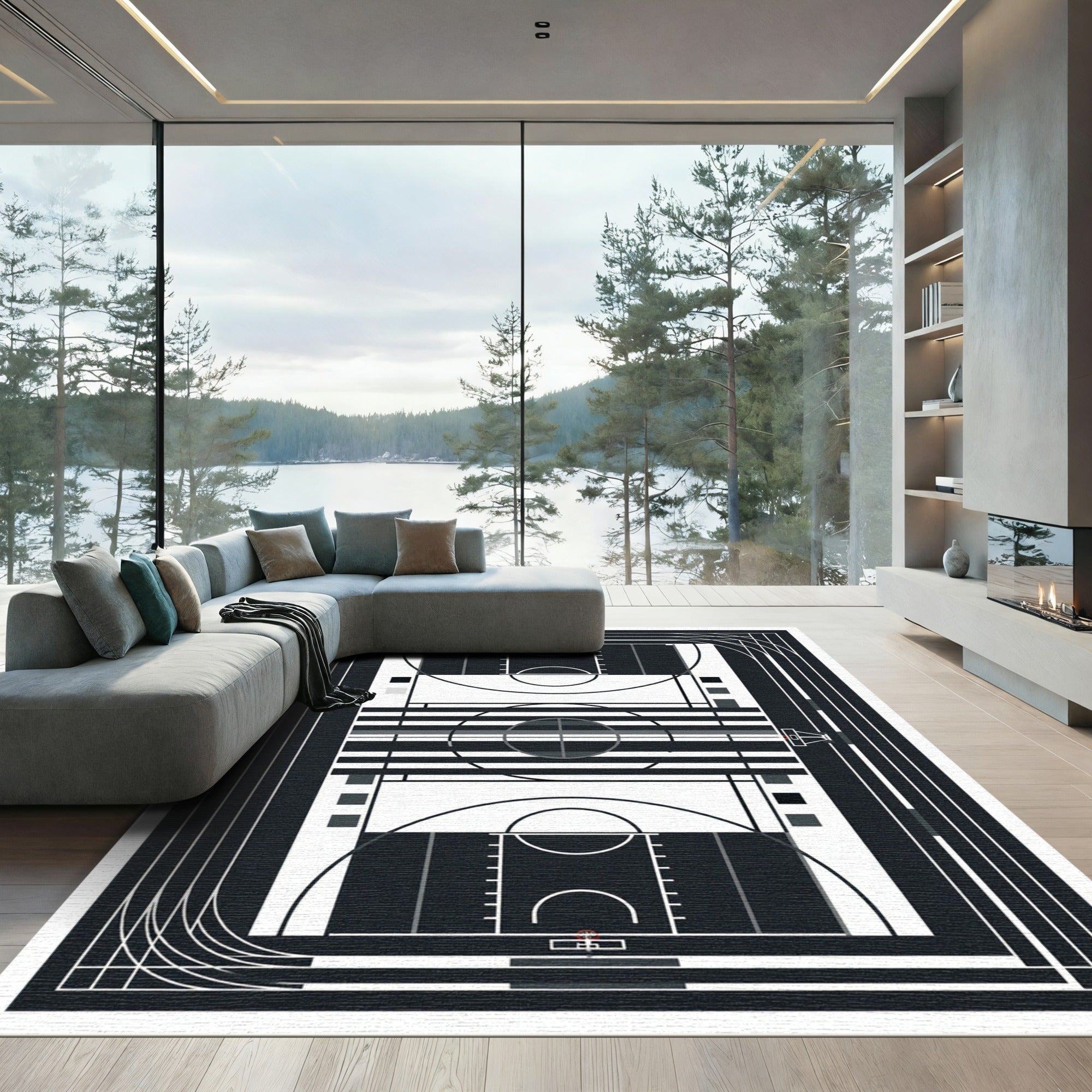 Modern Monochrome Basketball Court Graphic Rug