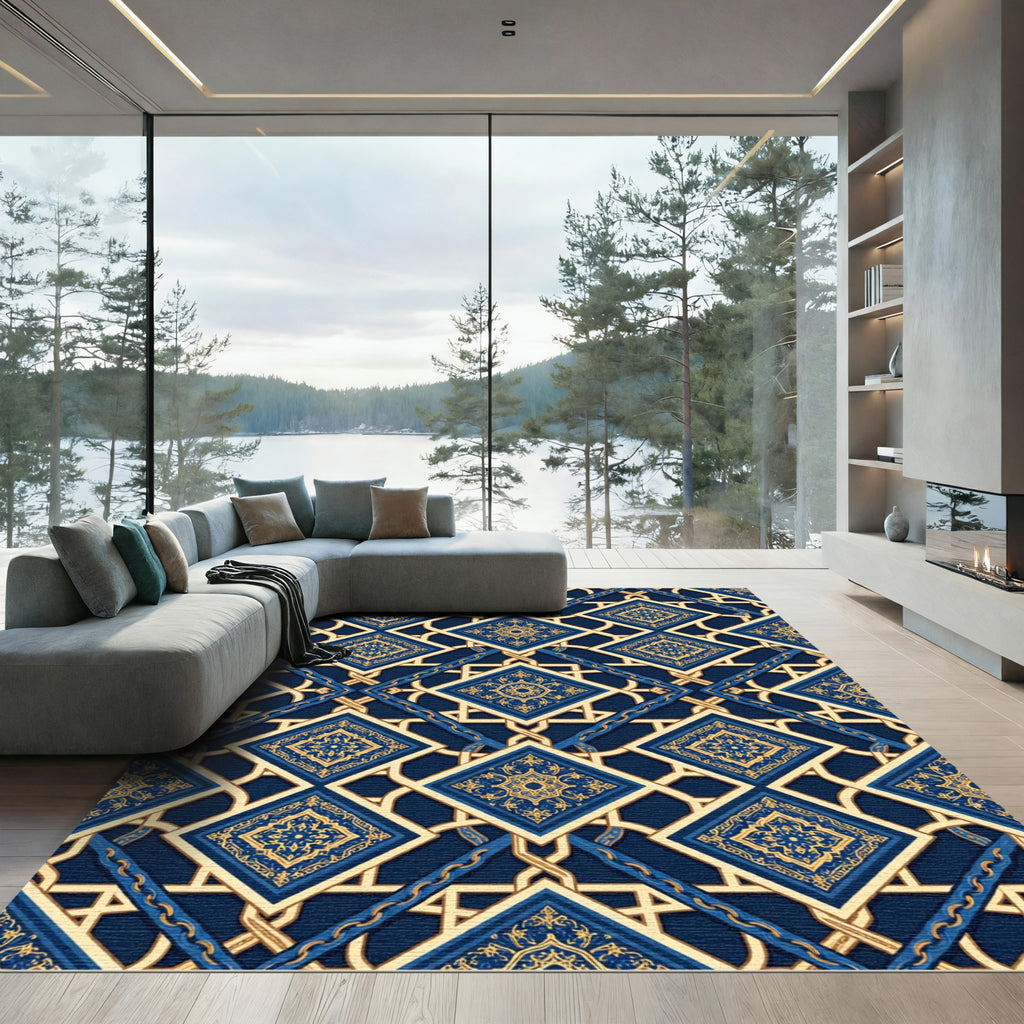 Ornate Navy Gold Geometric Tile Rug