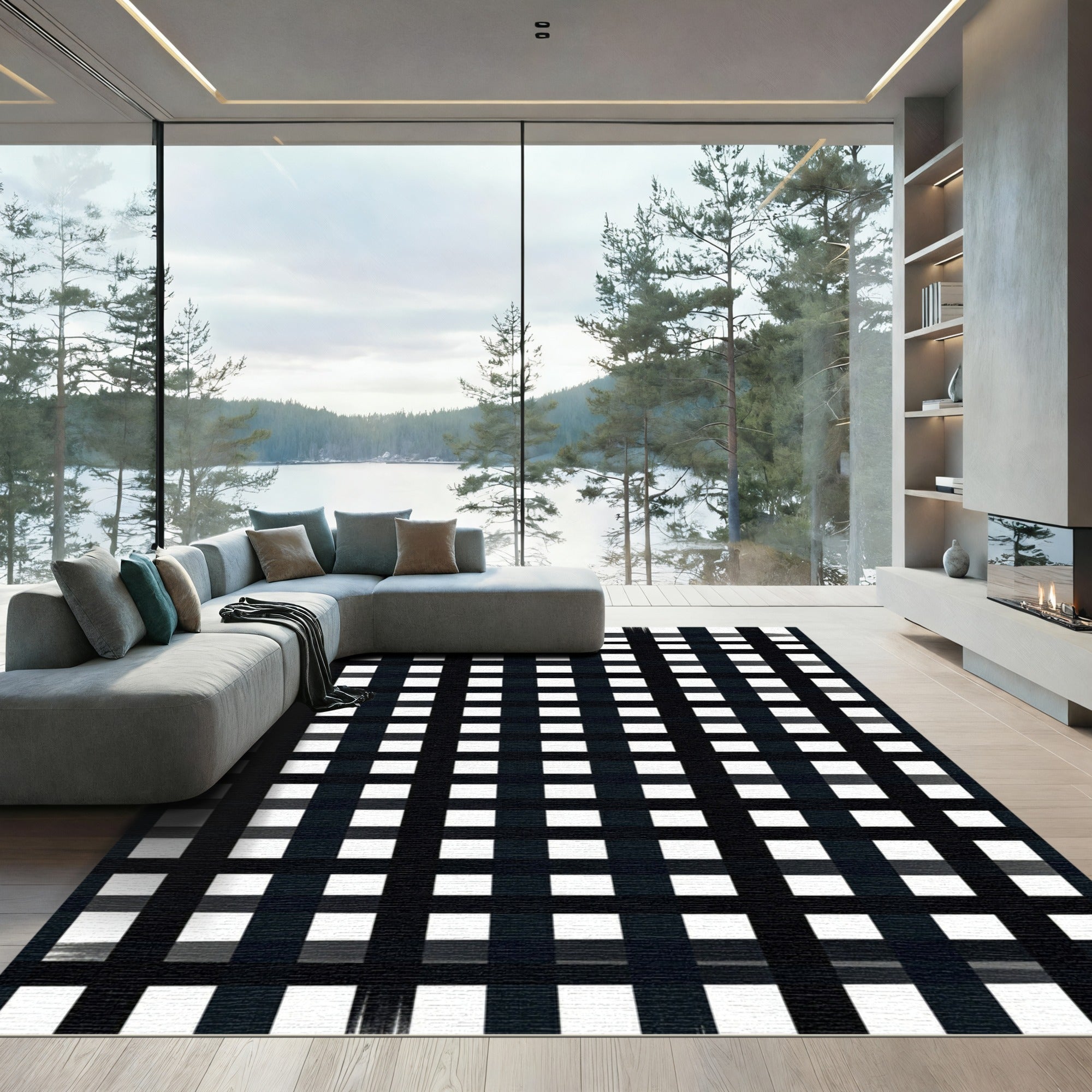 Black White Plaid Grid Arrangement Rug