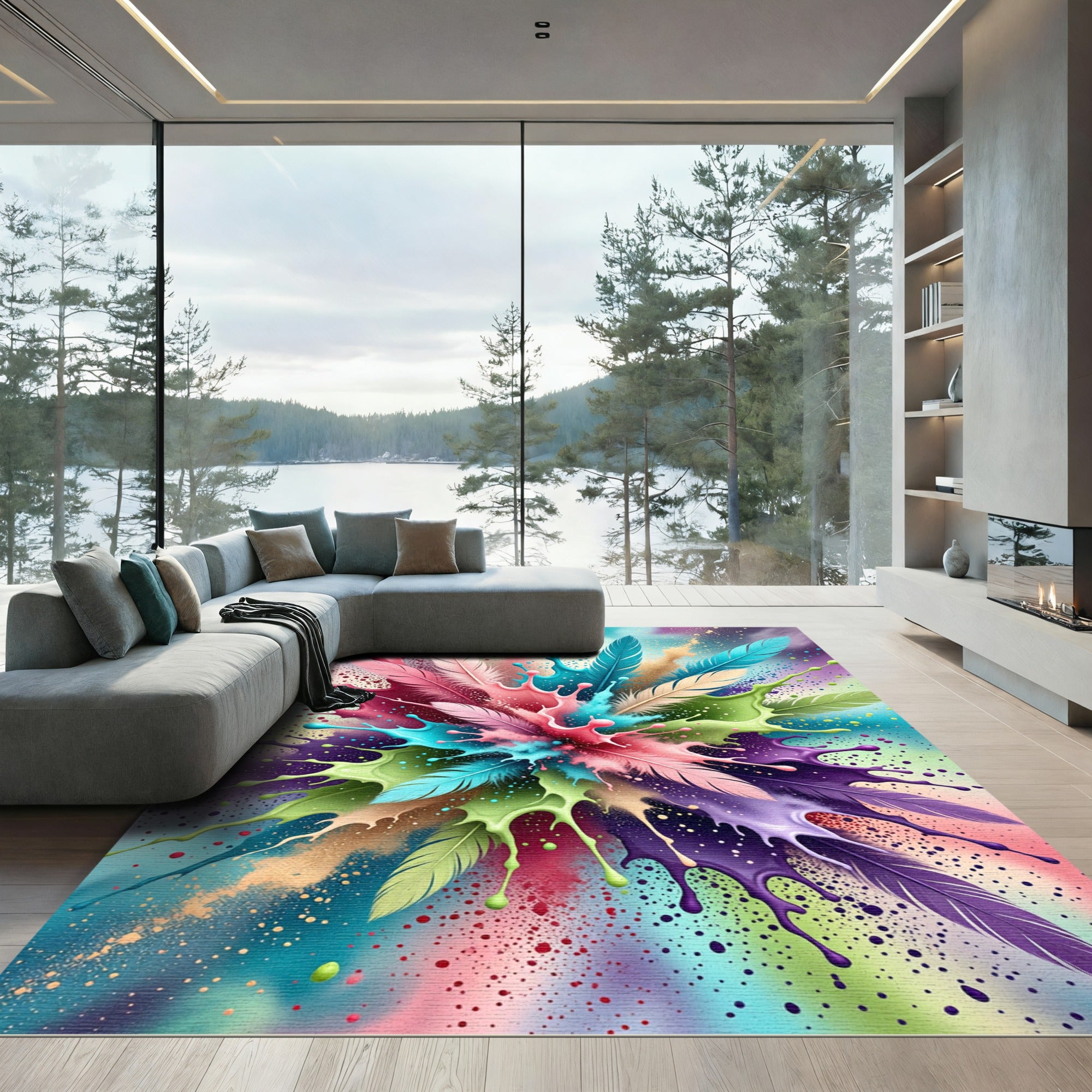 Colorful Feather Explosion Splatter Rug