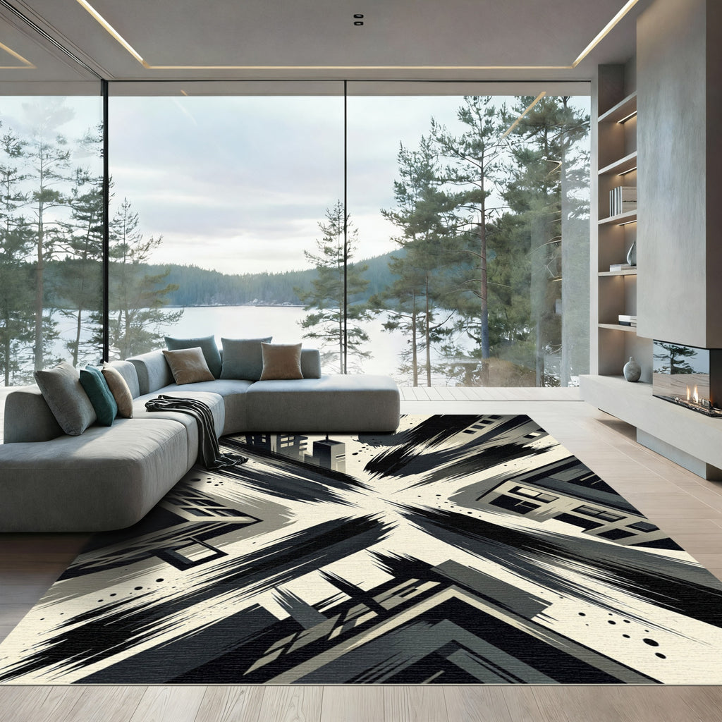 Dynamic Monochromatic Cityscape Brushstrokes Rug