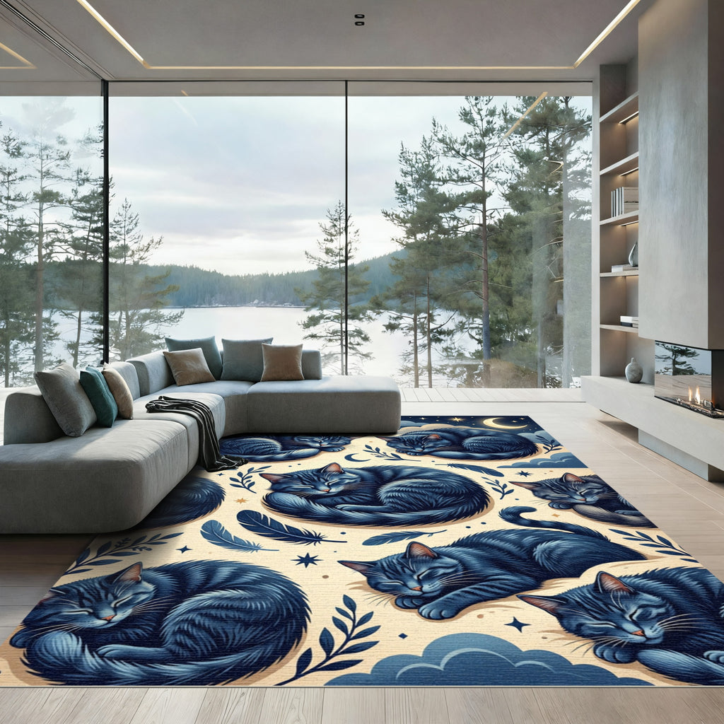 Whimsical Midnight Blue Sleeping Cat Celestial Rug