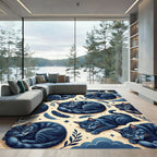Whimsical Midnight Blue Sleeping Cat Celestial Rug