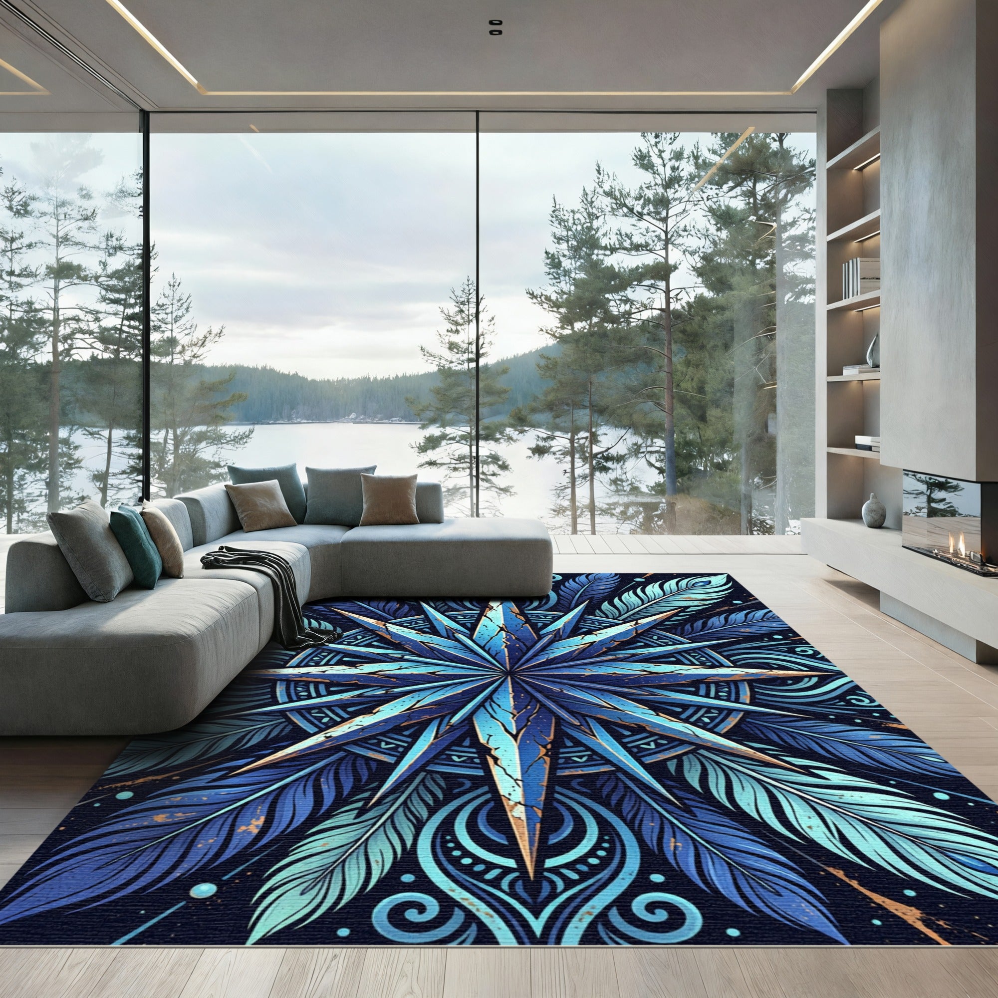 Deep Blue Feathered Starburst Medallion Rug