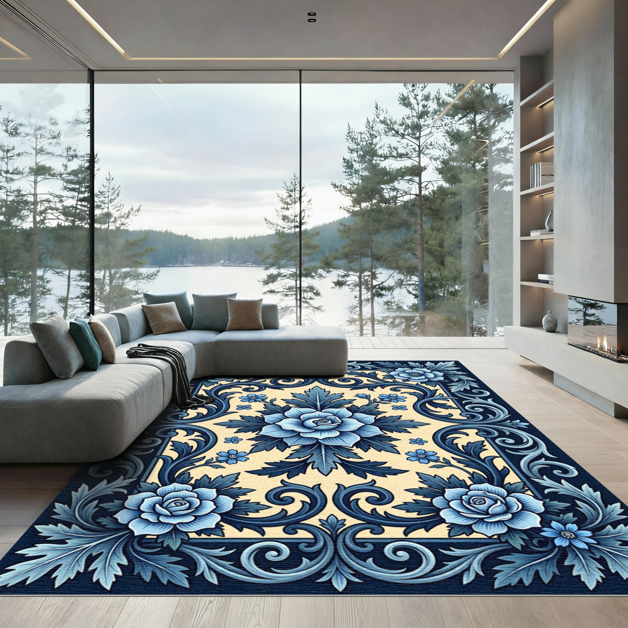 Blue Damask Floral Scroll Area Rug