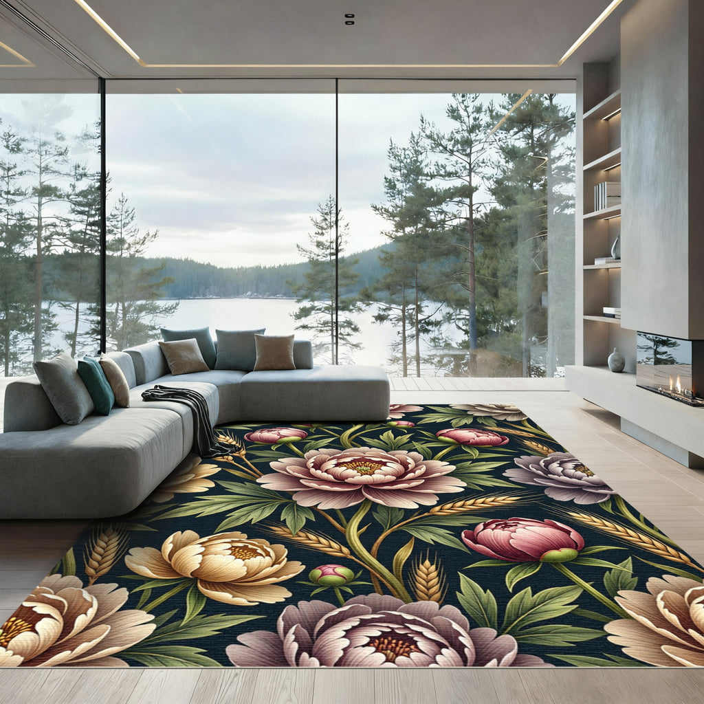 Peony and Golden Wheat Floral Arrangement Rug