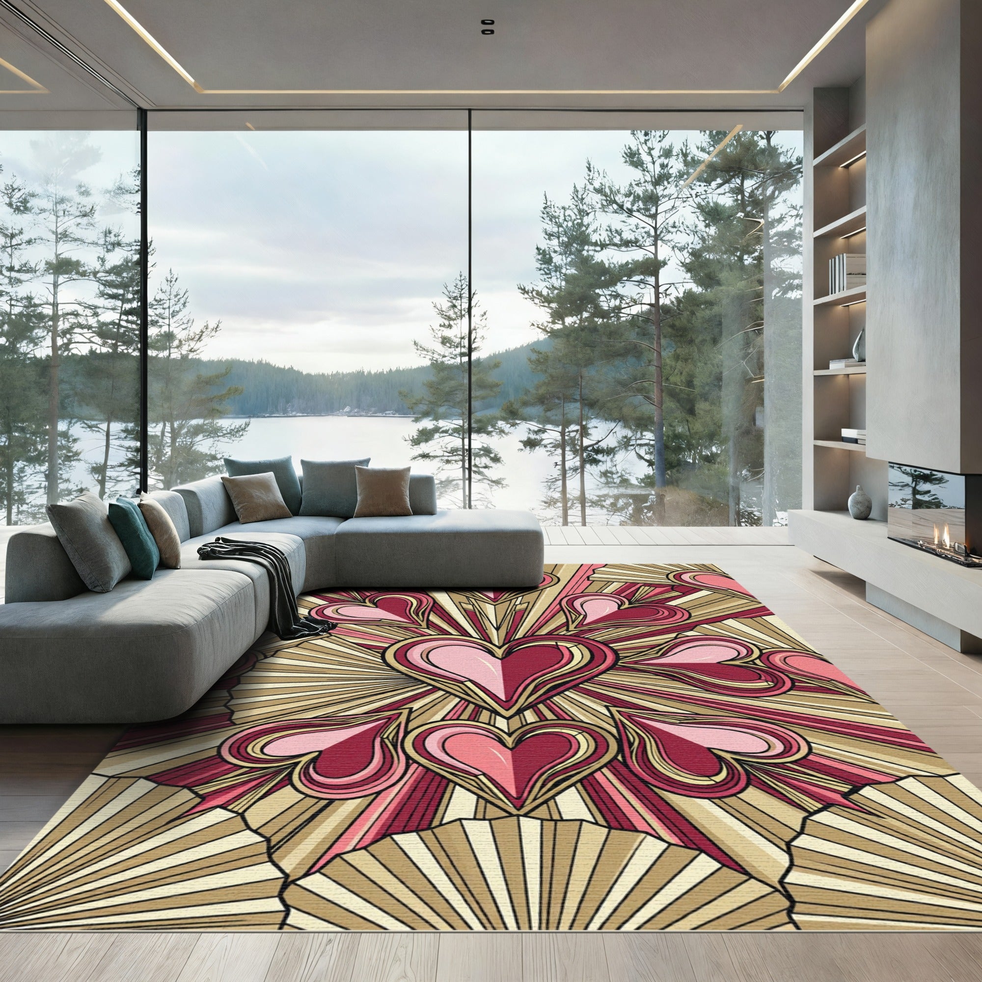 Radiant Red Pink Gold Heartburst Rug