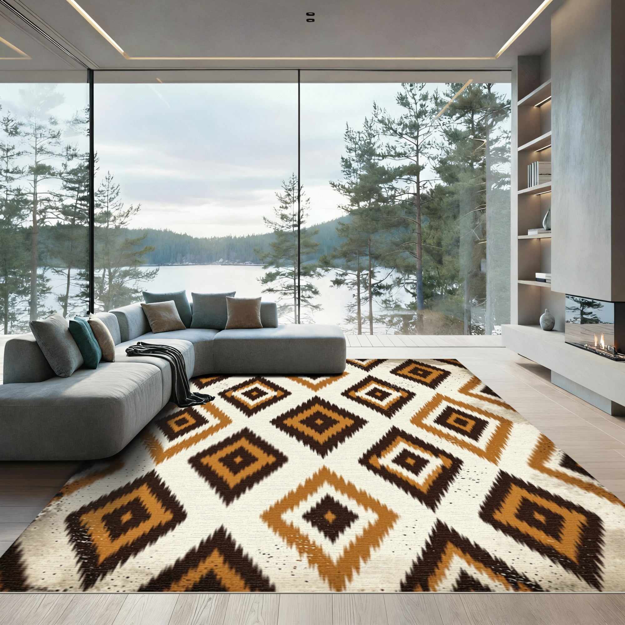 Earth Tone Ikat Diamond Geometric Rug