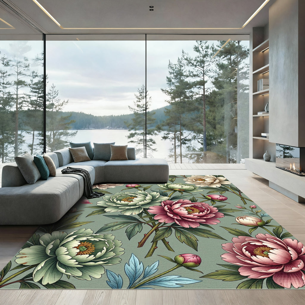 Pink Green Flower Garden Composition Rug