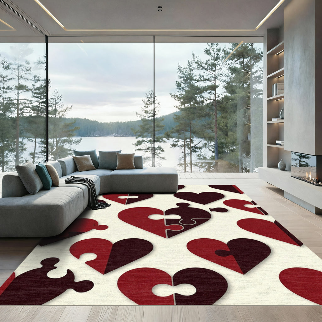 Deep Crimson Linked Heart Puzzle Rug
