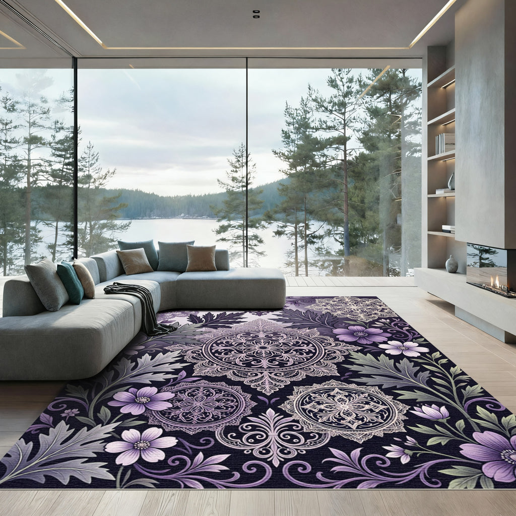 Elegant Purple Floral Lace Medallion Rug