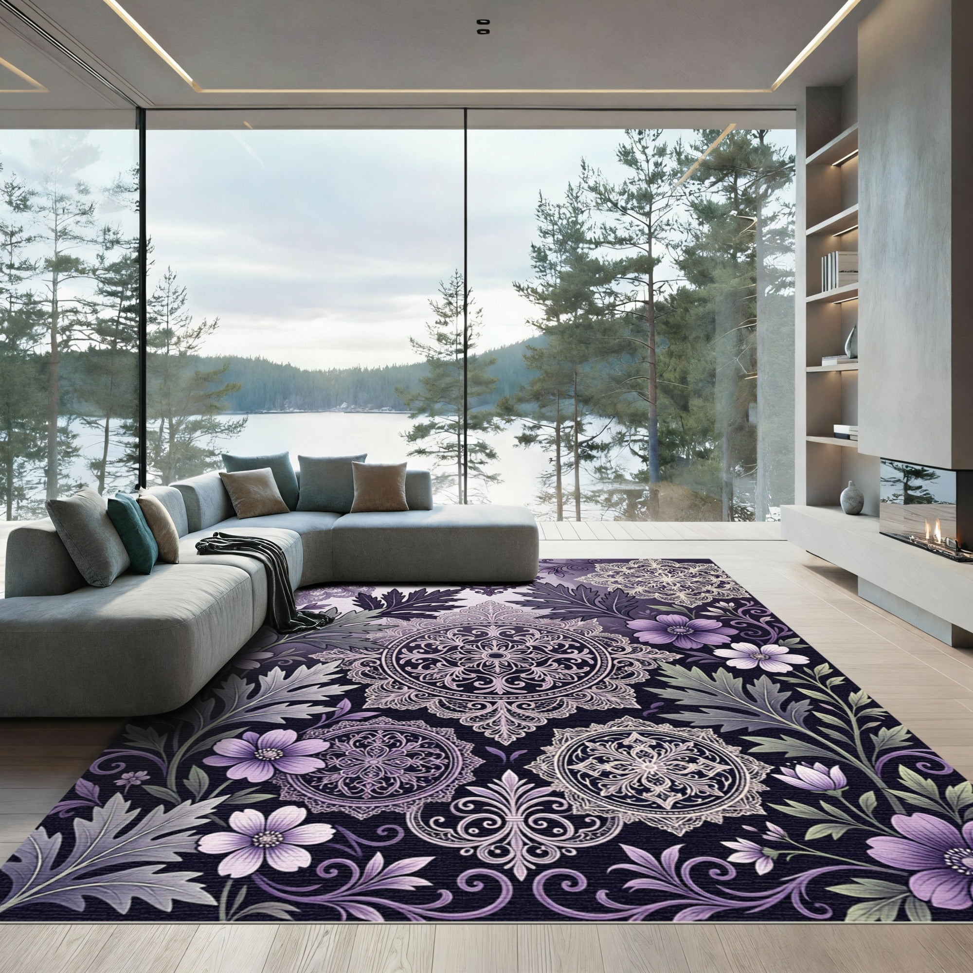 Elegant Purple Floral Lace Medallion Rug