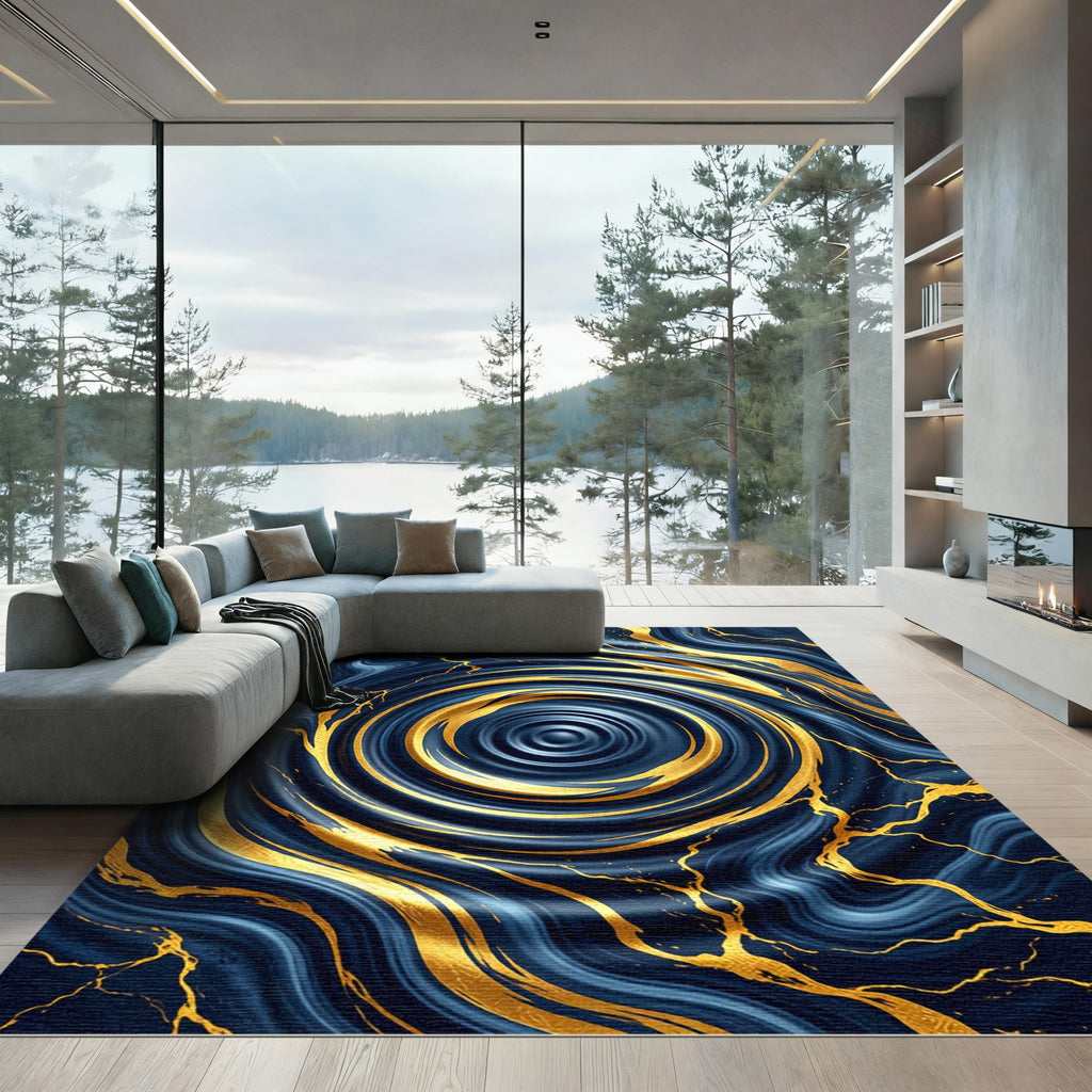 Navy Blue Liquid Gold Marble Swirl Rug