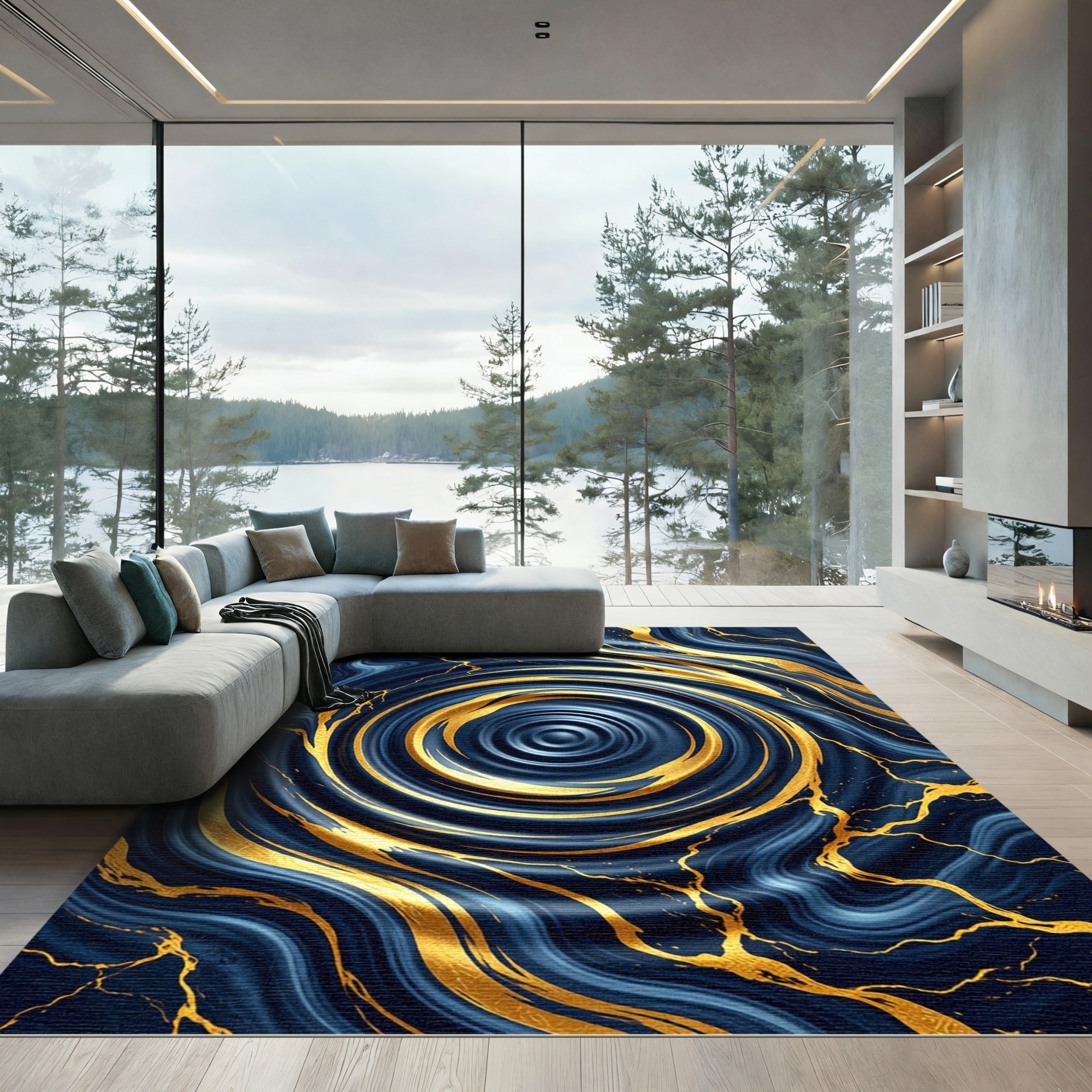 Navy Blue Liquid Gold Marble Swirl Rug
