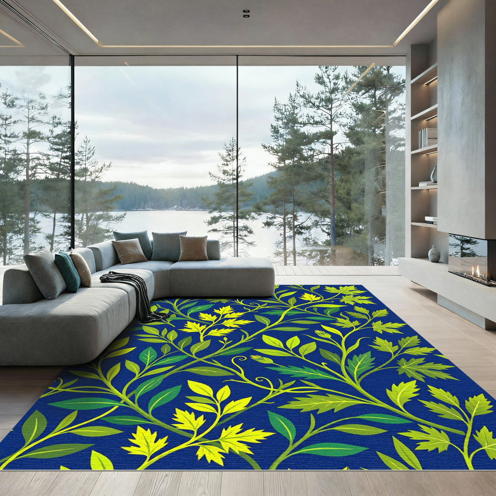 Lush Botanical Leaves in Electric Blue Rug
