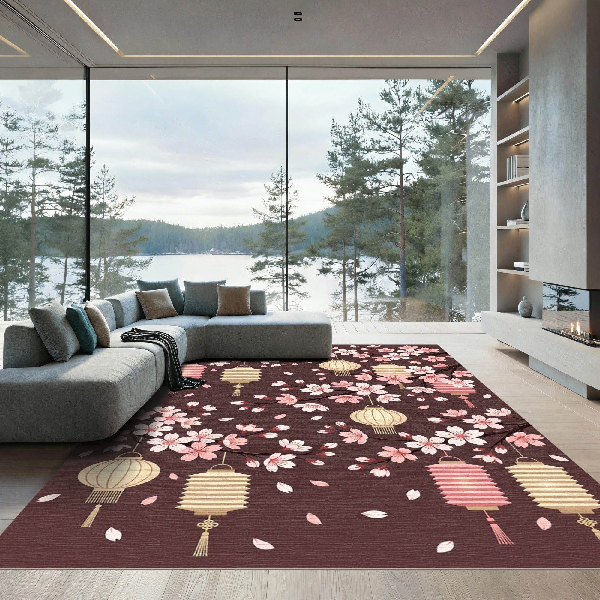 Cherry Blossom Branch with Hanging Lanterns Rug