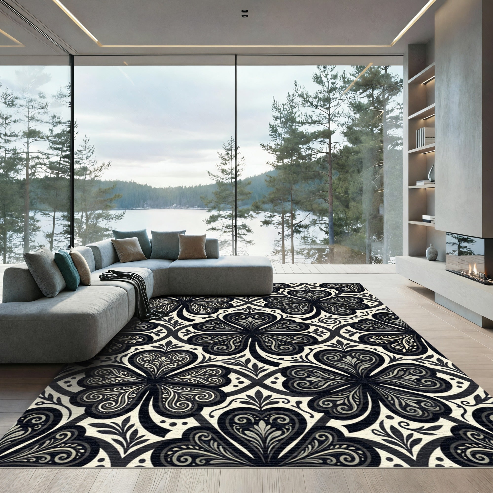 Black White Clover Meadow Swirl Rug