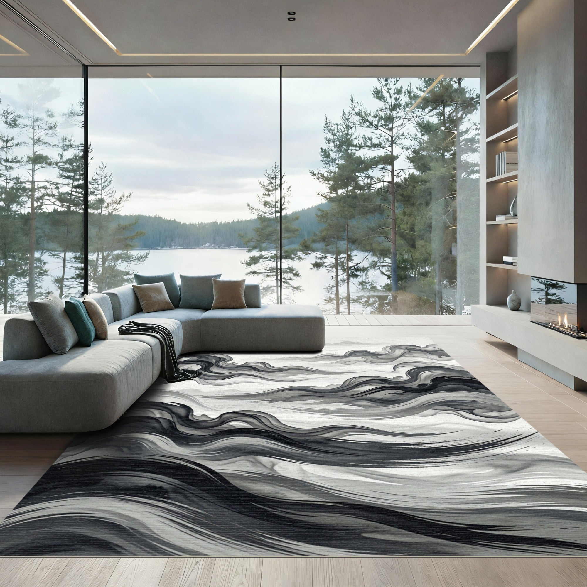 Monochromatic Ink Wash Cloud Swirls Rug
