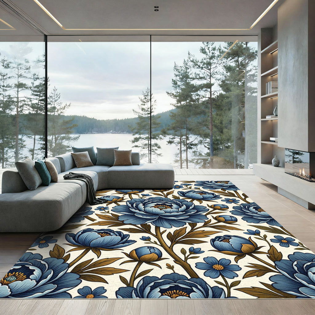 Blue Peony Floral Vine Rug