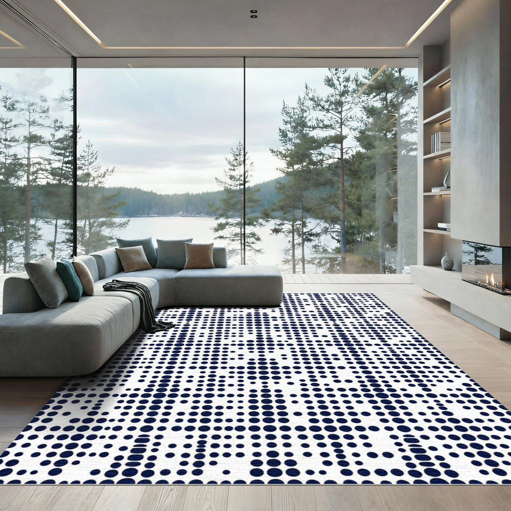 Navy Blue Geometric Polka Dot Grid Rug