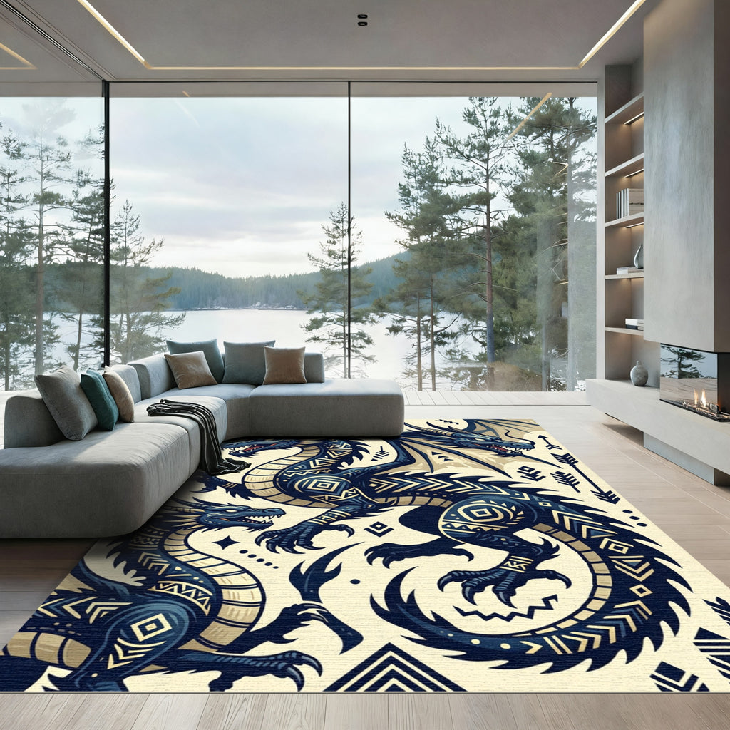 Dual Navy Dragon Folk Art Emblem Rug