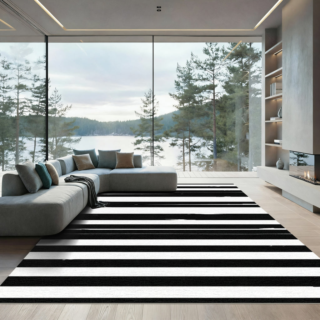 Bold Black White Brushstroke Stripes Rug