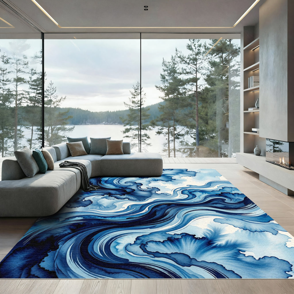 Indigo Swirl Abstract Watercolor Waves Rug
