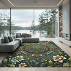 Elegant Sage Botanical Floral Medallion Rug