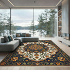 Golden Floral Medallion Navy Ornate Area Rug