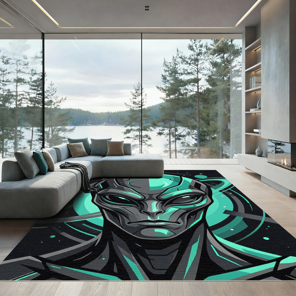 Futuristic Cyan Alien Cybernetic Portrait Rug