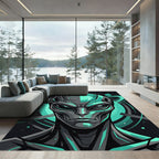 Futuristic Cyan Alien Cybernetic Portrait Rug