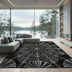 Art Deco Monochrome Ginkgo Fan Medallion Rug