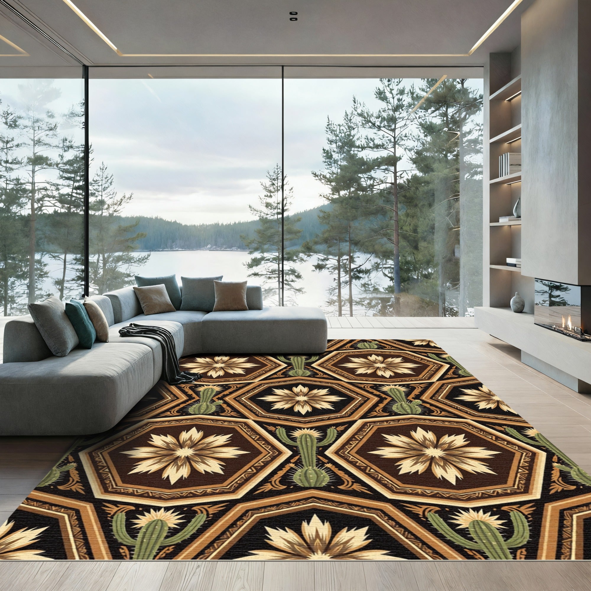 Earthy Hexagonal Cactus Geometric Desert Rug